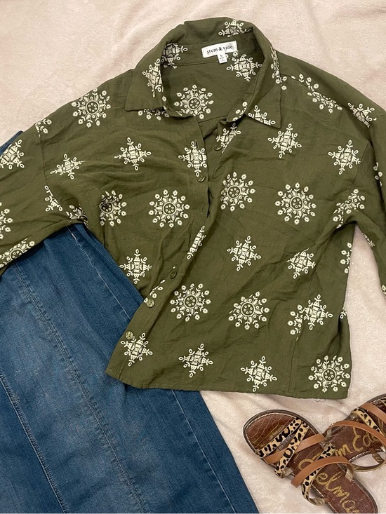 Sundry Tops - Sundry Olive Green Printed Button-Up Shirt with White Medallions